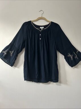 J. Jill Blouse Peasant Bohemian Navy Cottagecore Medium Embroidered Bell Sleeves